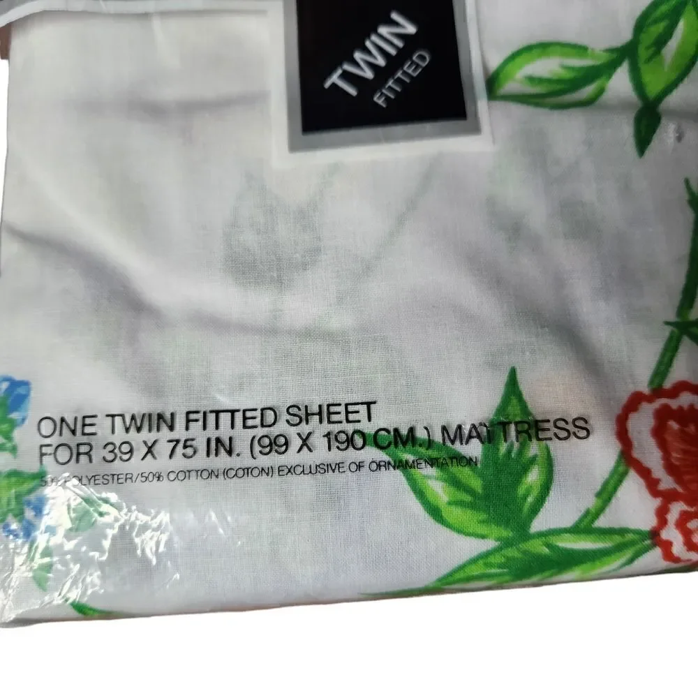 Vintage Lady Pepperell Twin Fitted Bed Sheet White Floral No Iron Muslin NEW